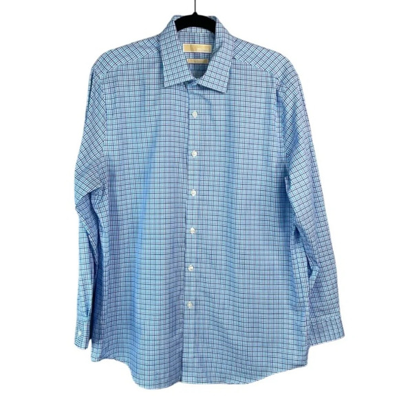 MICHAEL Michael Kors Mens Blue Micro Plaid Dress Shirt Non Iron Long Sleeve 16.5 - Picture 2 of 14